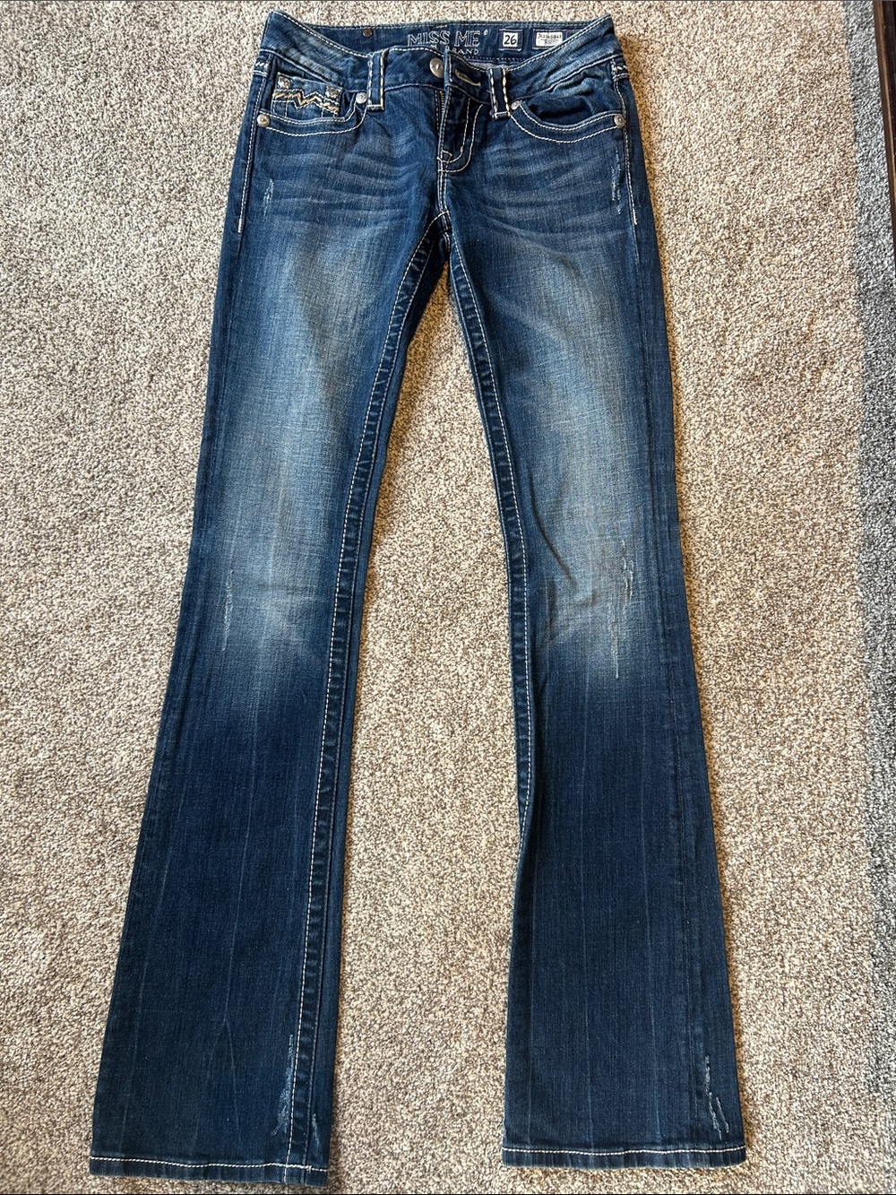 Miss Me Dark Blue Flare Jeans with Faded Detailing